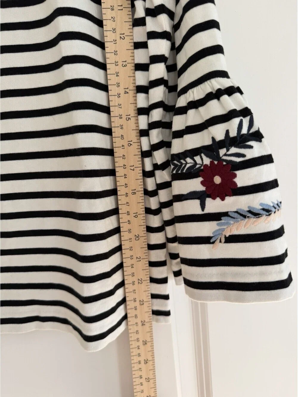J.Crew Women’s Striped Floral Embroidered Bell Sleeve Top Size L French Nautical